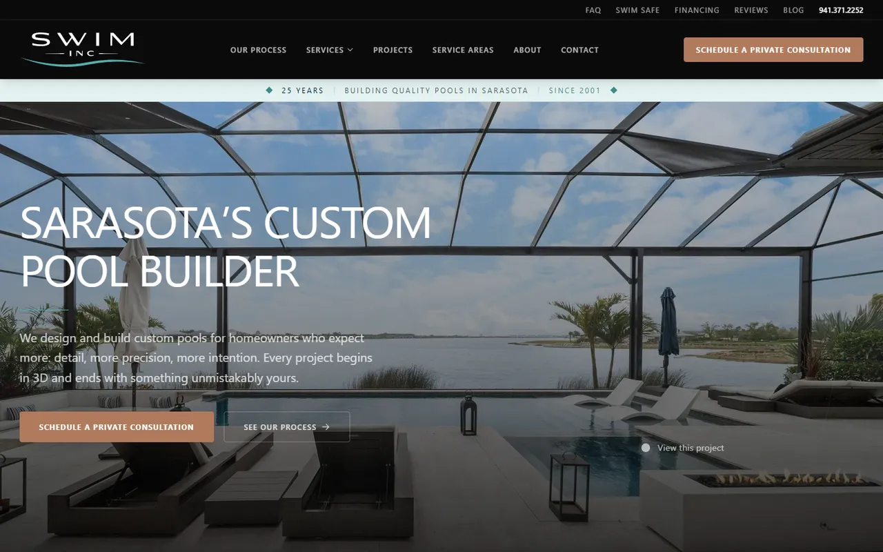 Swim Inc. website homepage headlined Sarasota's Custom Pool Builder