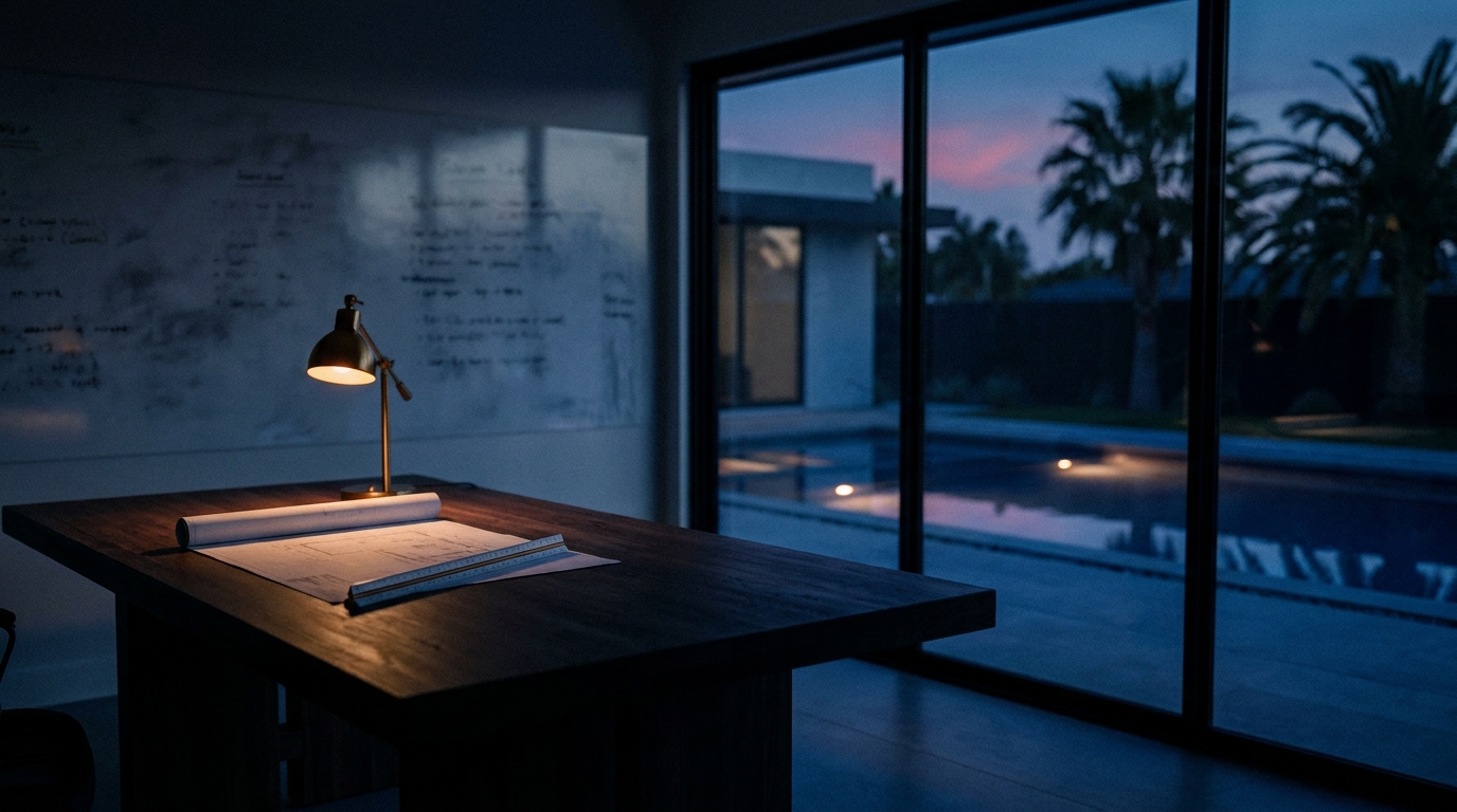 Pool design studio at dusk, a rolled blueprint and scale ruler lit by a desk lamp, with a lit pool visible through the glass wall beyond