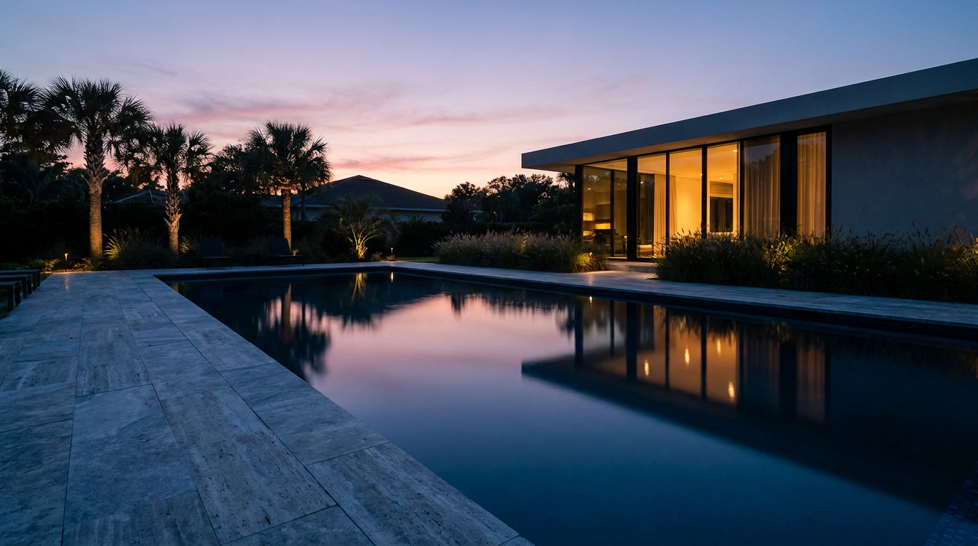 Finished modern pool at dusk seen from the travertine deck, with warm interior light glowing from the house beyond the water