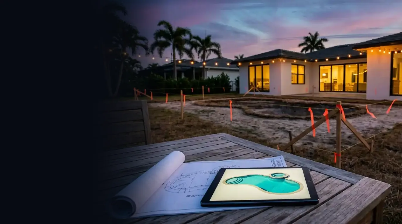 Backyard at dusk with survey stakes and string lines marking a future pool, a property survey and a tablet showing a 3D pool design on the patio table