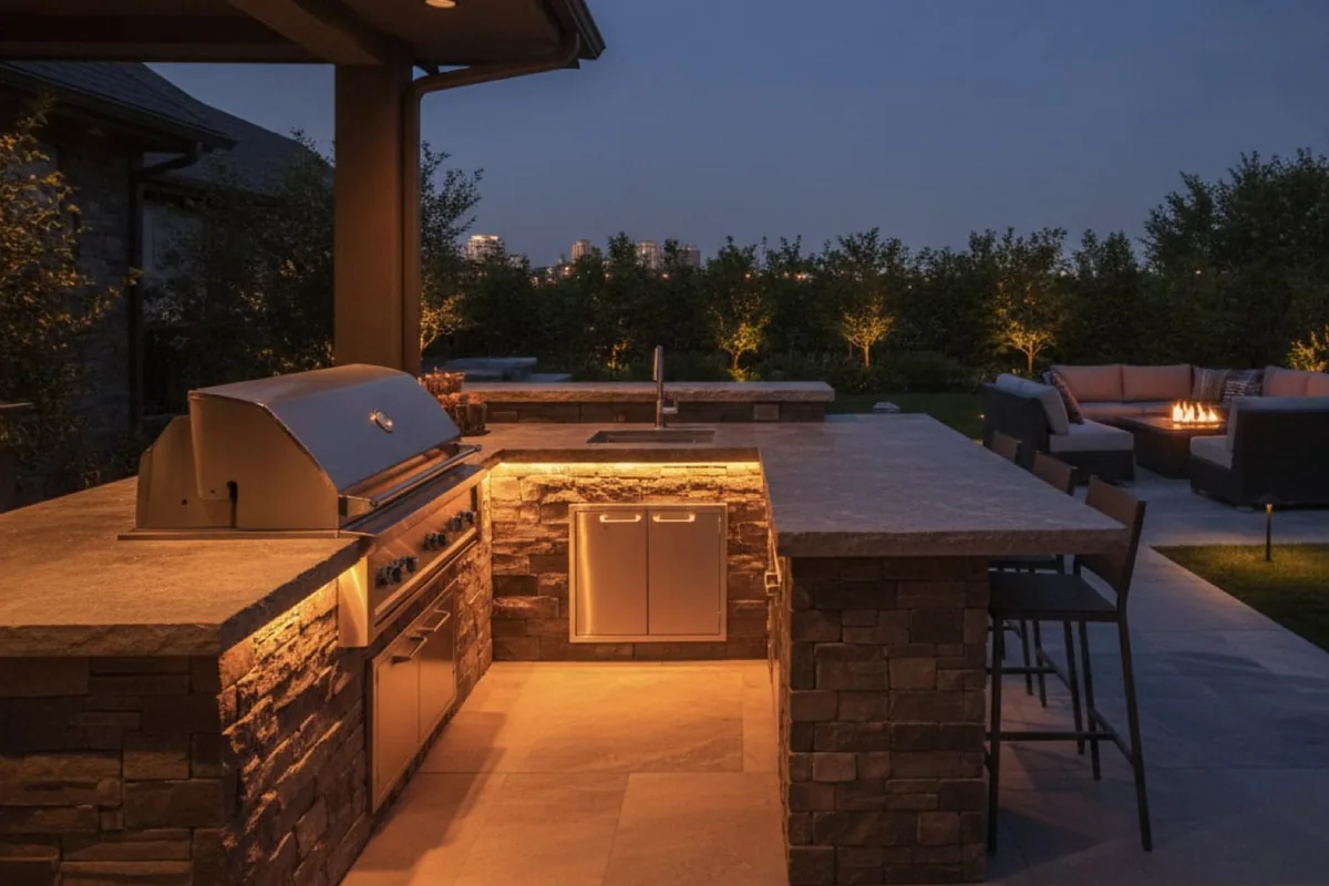 An outdoor kitchen at dusk with a built-in grill, a stone counter with a sink and bar stools, and a fire pit seating area behind