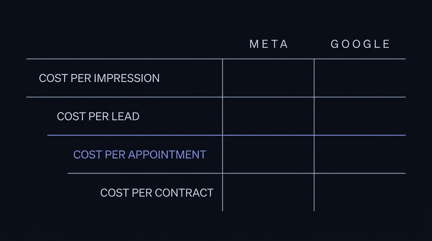 Four-rung reporting ladder from cost per impression down to cost per signed contract, split into a Meta column and a Google column