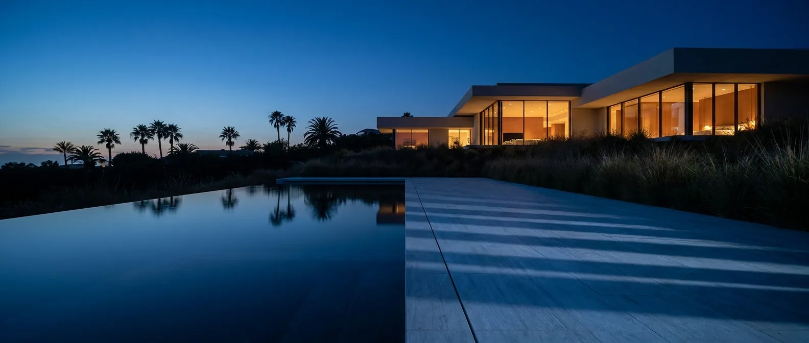 Aerial night view of a minimalist pool with periwinkle underwater lighting accents