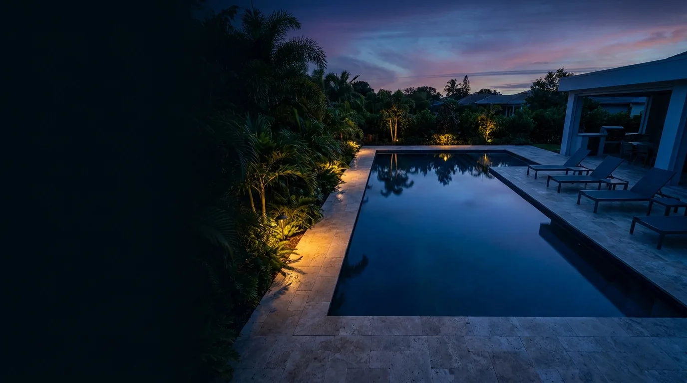 Aerial view of a luxury pool at dusk with dramatic blue-hour lighting