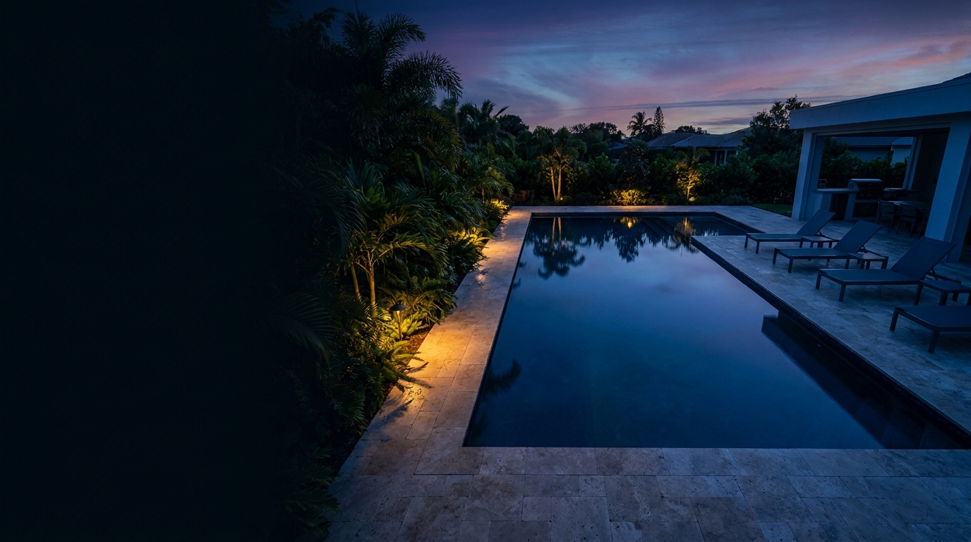 Luxury residential pool at twilight - glassy water reflecting deep blue sky with warm landscape lighting and stone decking