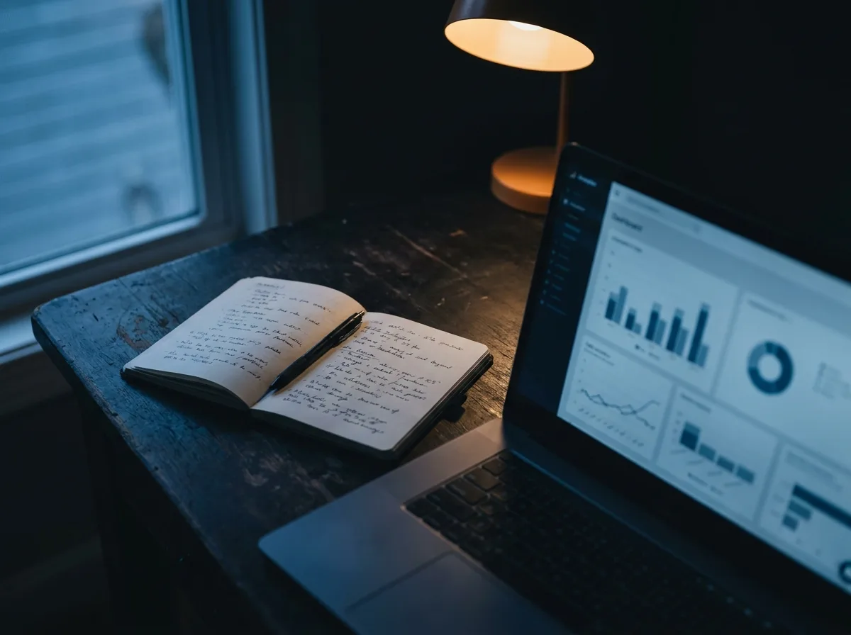 Marketing strategy session - notebook with notes and analytics dashboard on laptop at dusk