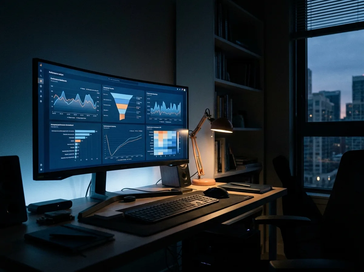 Data analytics and optimization dashboard on ultrawide monitor showing conversion funnels and performance metrics