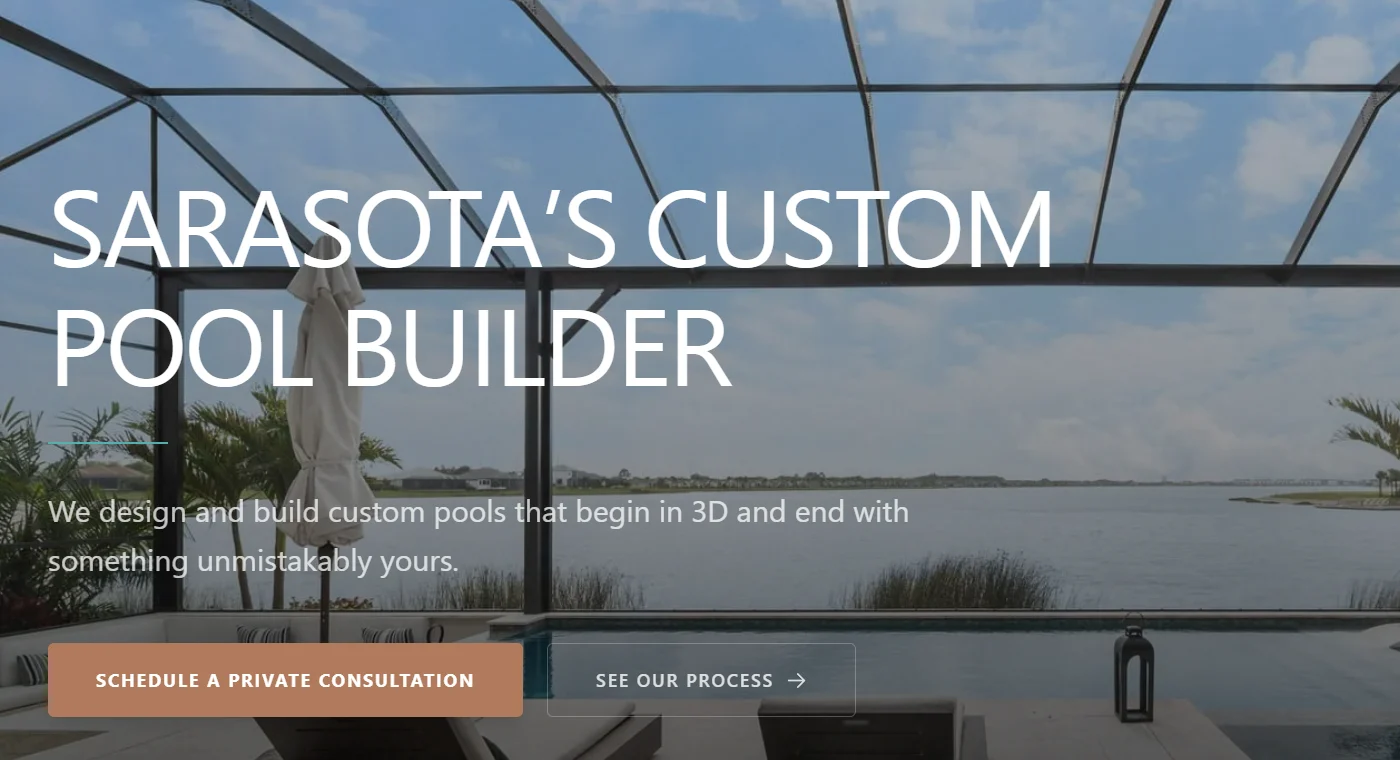 Private preview of Swim Inc.'s homepage with the shortened paragraph under Sarasota's Custom Pool Builder