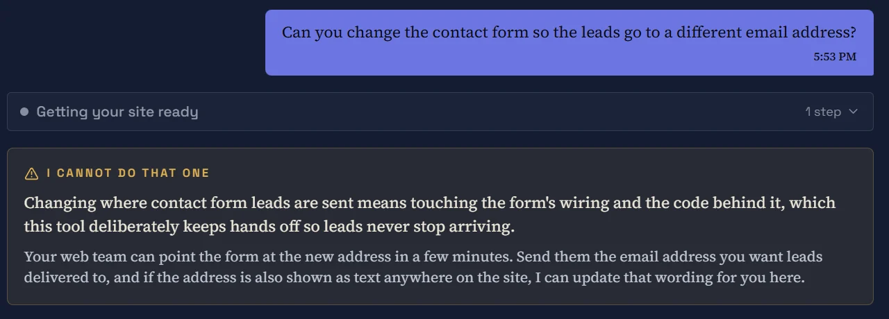 Aquathority AI website editor showing an amber 'I cannot do that one' refusal after a request to redirect contact form leads