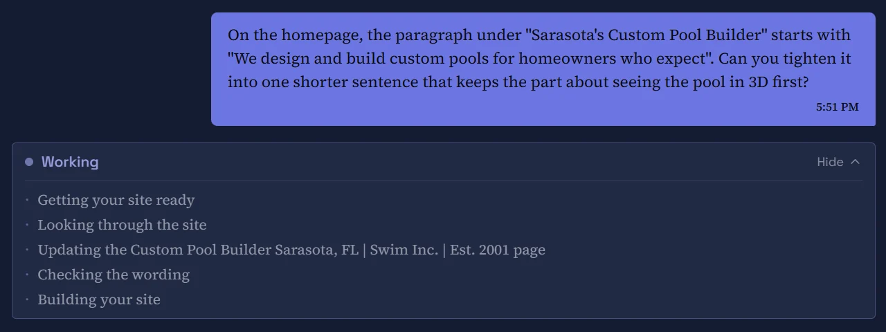 Aquathority AI website editor showing a pool builder's request at 5:51 PM and the Working card with five status lines