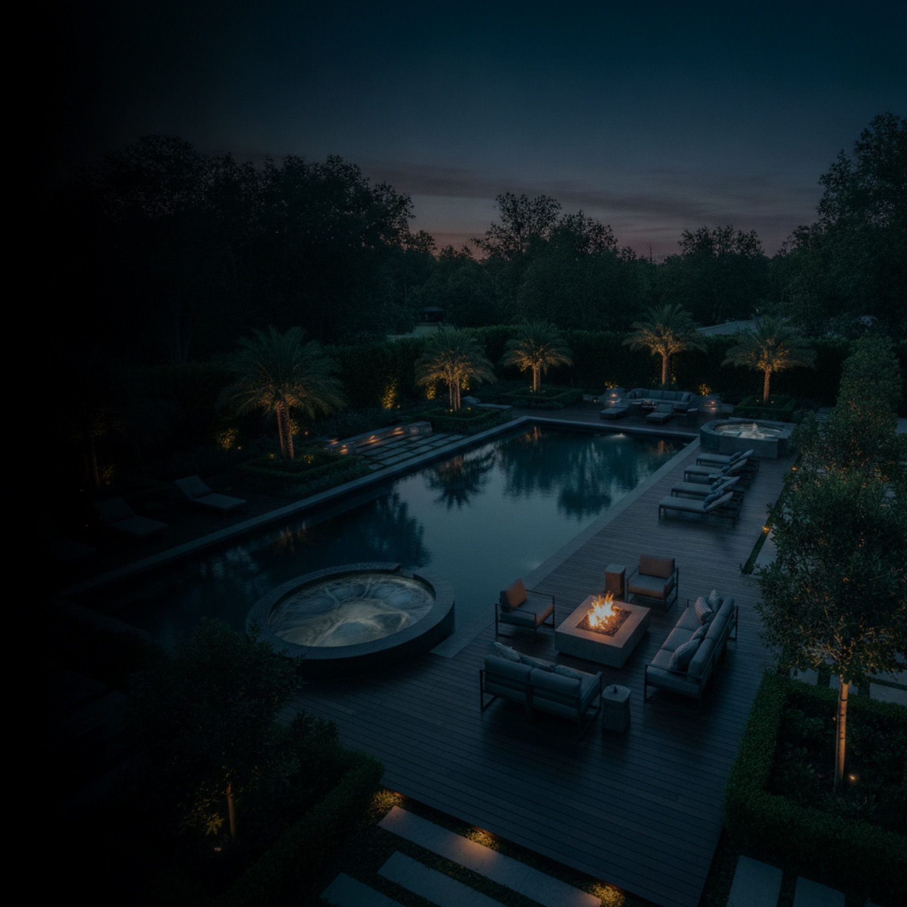 A luxury outdoor-living estate at dusk - pool, spa, and lounge deck