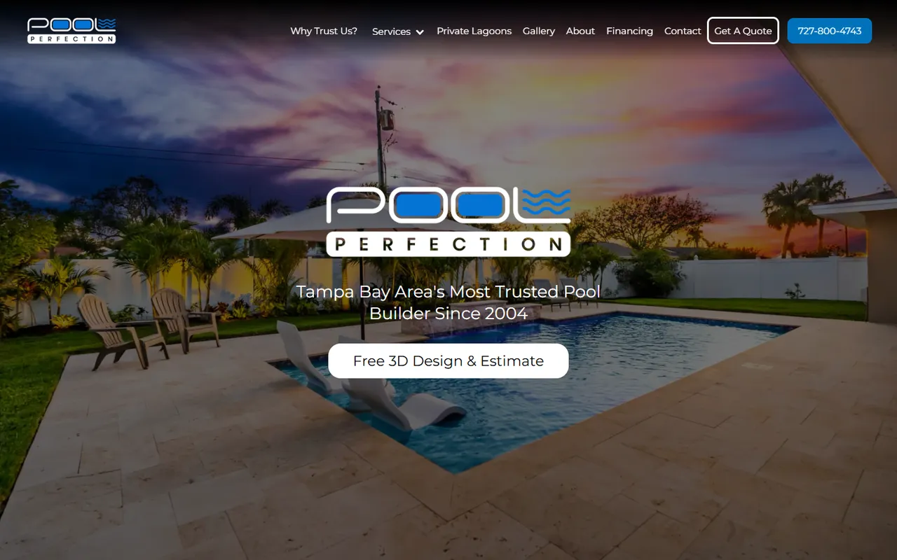 Pool Perfection website homepage with a custom pool at dusk and a free 3D design call to action
