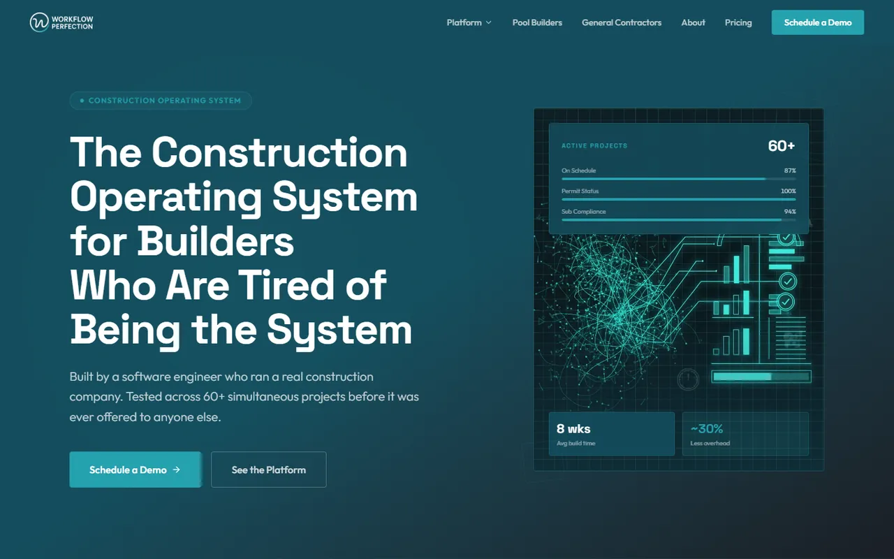 WorkFlowPerfection website homepage for a construction operating system